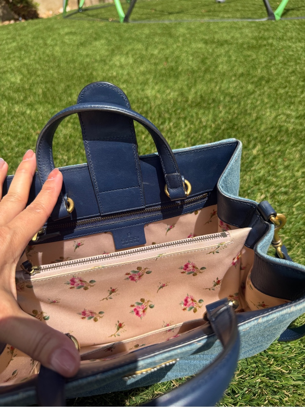 GUCCI GG Marmont Matelassé Denim Pearly GG Top Handle Small Satchel - Picture 3 of 4